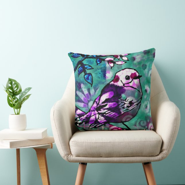 Whimsical Abstract Bird Floral Teal Purple Cushion (Chair)