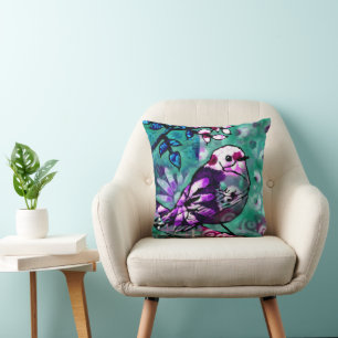 Whimsical Abstract Bird Floral Teal Purple Cushion