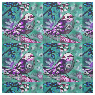 Whimsical Abstract Bird Floral Teal Purple Fabric