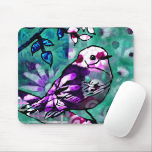 Whimsical Abstract Bird Floral Teal Purple Mouse Mat