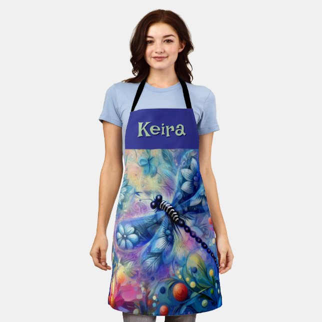 Whimsical Abstract Dragonfly Floral Personalised Apron (Worn)