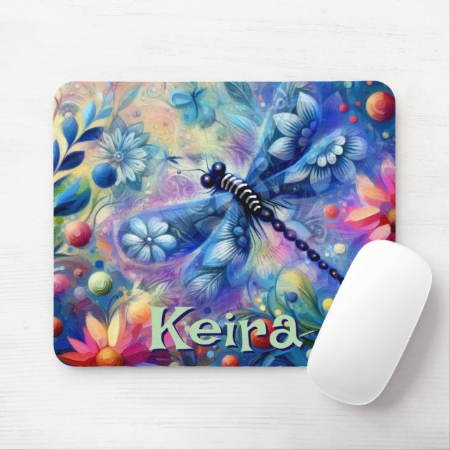 Whimsical Abstract Dragonfly Floral Personalised Mouse Mat (With Mouse)