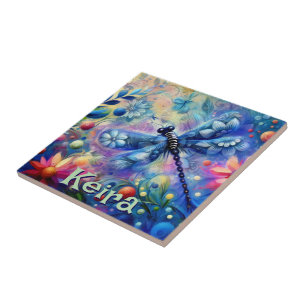 Whimsical Abstract Dragonfly Floral Personalized Tile