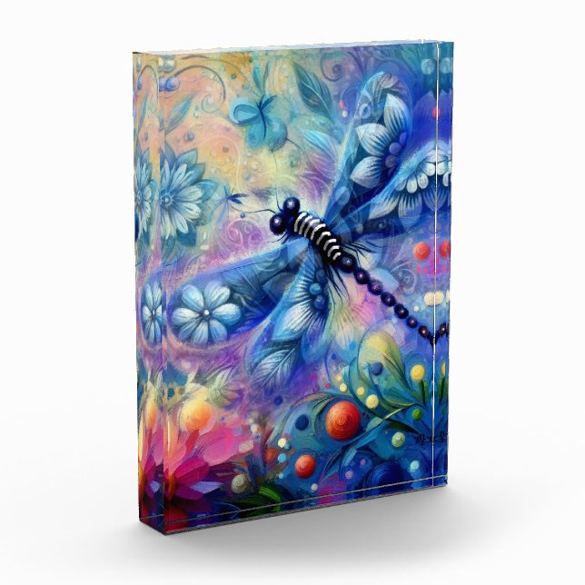 Whimsical Abstract Dragonfly Floral Teal Blue Pink Photo Block (Left)