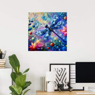 Whimsical Abstract Dragonfly Floral Teal Blue Pink Poster
