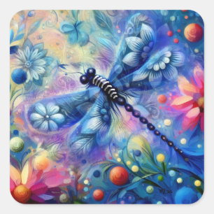 Whimsical Abstract Dragonfly Floral Teal Blue Pink Square Sticker