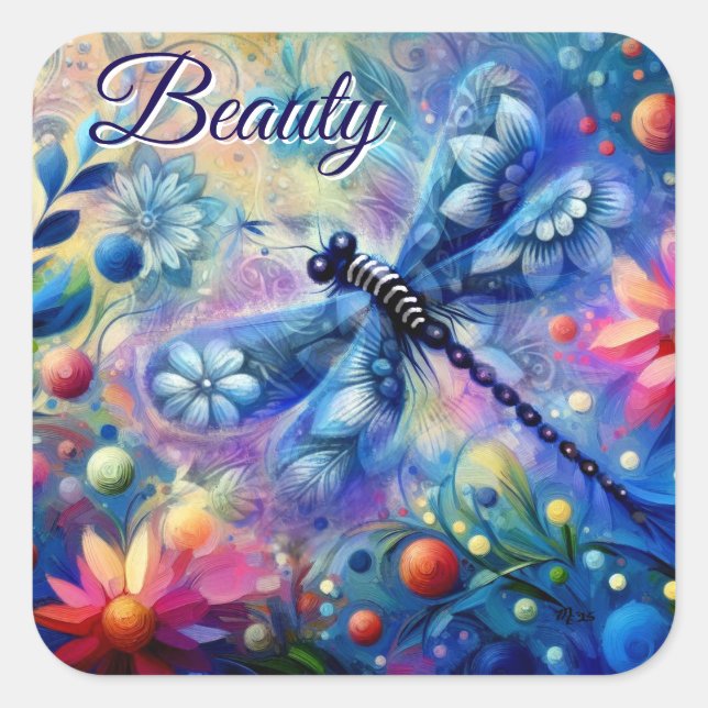 Whimsical Abstract Dragonfly Floral Teal Blue Pink Square Sticker (Front)