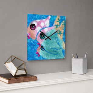 Whimsical Abstract Fish Beach Nautical Teal Pink Square Wall Clock