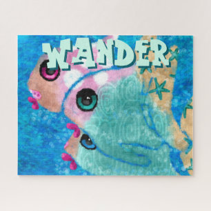 Whimsical Abstract Fish Trio Blue Personalised Jigsaw Puzzle