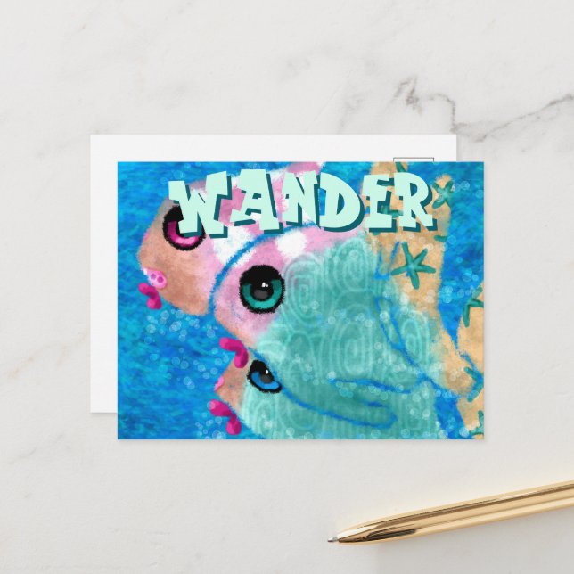 Whimsical Abstract Fish Trio Blue Personalised Postcard (Front/Back In Situ)