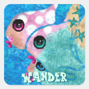 Whimsical Abstract Fish Trio Blue Personalised Square Sticker