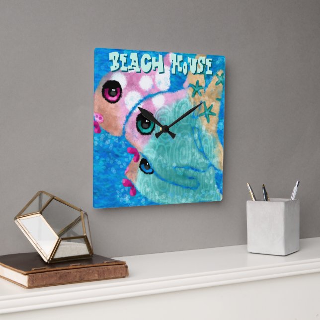 Whimsical Abstract Fish Trio Blue Personalised Square Wall Clock (Office)