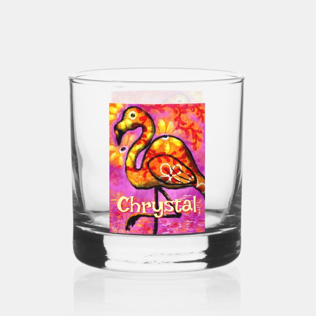  Whimsical Abstract Flamingo Bird Personalised Whiskey Glass (Front)