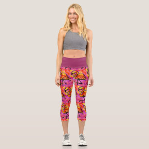 Whimsical Abstract Flamingo Pink Orange Floral Capri Leggings