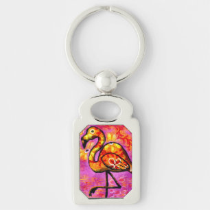 Whimsical Abstract Flamingo Pink Orange Floral Key Ring