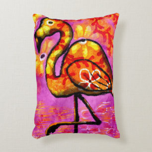 Whimsical Abstract Flamingo Pink Yellow Floral Decorative Cushion