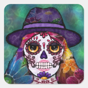 Whimsical Abstract Floral Hippie Sugar Skull Square Sticker