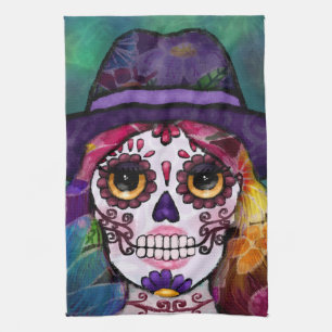 Whimsical Abstract Floral Hippie Sugar Skull Tea Towel
