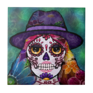 Whimsical Abstract Floral Hippie Sugar Skull Tile