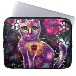 Whimsical Abstract Floral Kitty Cat Black Pink Laptop Sleeve
