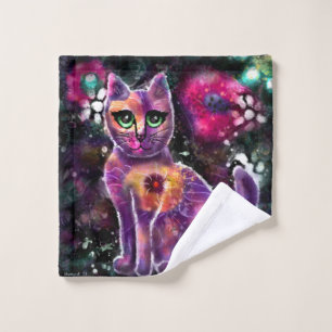 Whimsical Abstract Kitty Cat Floral Pink Black Wash Cloth
