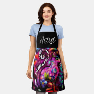 Whimsical Abstract Kitty Cat Floral Red Green Pink Apron