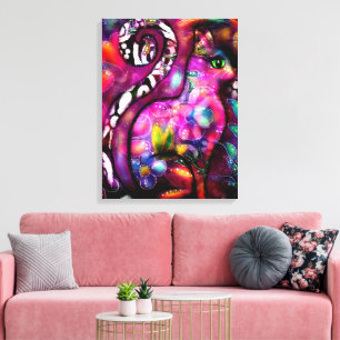 Whimsical Abstract Kitty Cat Floral Red Green Pink Canvas Print