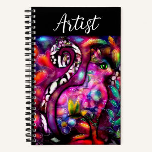 Whimsical Abstract Kitty Cat Floral Red Green Pink Notebook