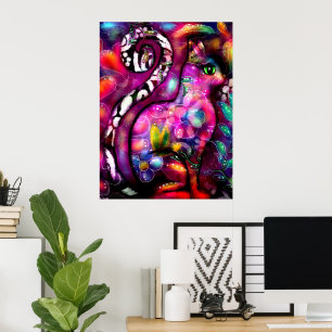 Whimsical Abstract Kitty Cat Floral Red Green Pink Poster