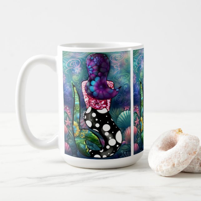 Whimsical Abstract Mermaid Nautical Teal Seashells Coffee Mug (With Donut)