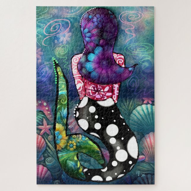 Whimsical Abstract Mermaid Nautical Teal Seashells Jigsaw Puzzle (Vertical)