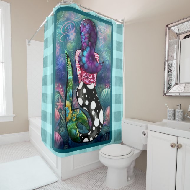 Whimsical Abstract Mermaid Nautical Teal Seashells Shower Curtain (In Situ)