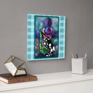 Whimsical Abstract Mermaid Nautical Teal Seashells Square Wall Clock