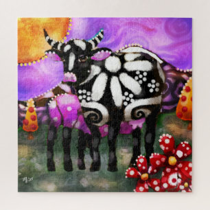 Whimsical Abstract Momma & Baby Cow Funky Farm Jigsaw Puzzle