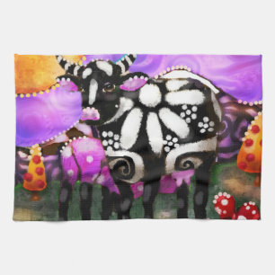 Whimsical Abstract Momma & Baby Cow Funky Farm Tea Towel
