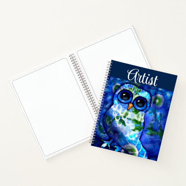 Whimsical Abstract Owl Blue Floral Sketchbook Notebook (Inside)