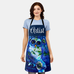 Whimsical Abstract Owl Blue Green Floral Apron