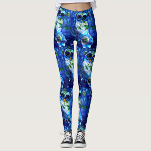 Whimsical Abstract Owl Blue Green Floral Leggings
