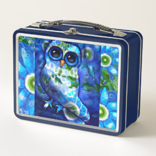 Whimsical Abstract Owl Blue Green Floral Metal Lunch Box