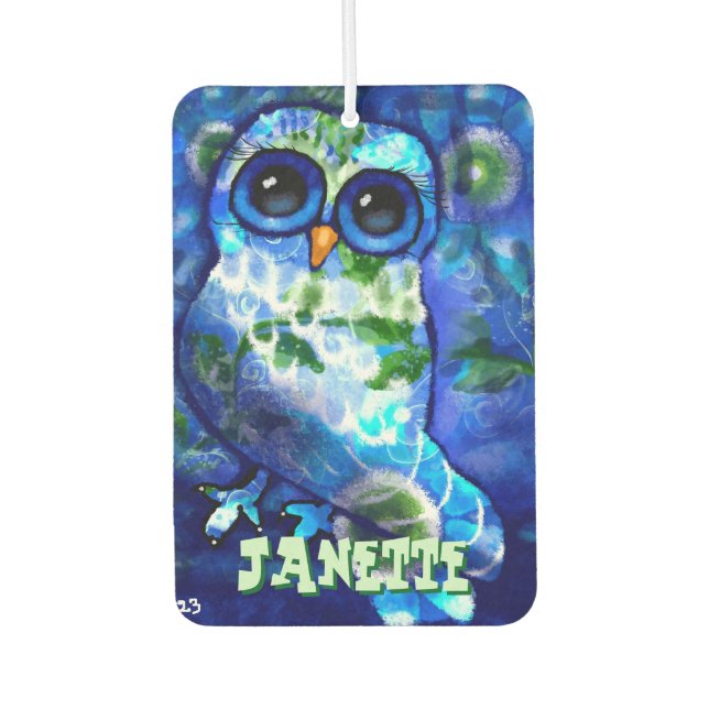  Whimsical Abstract Owl Blue Green Personalised Car Air Freshener (Front)