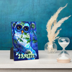 Whimsical Abstract Owl Blue Green Personalised Plaque