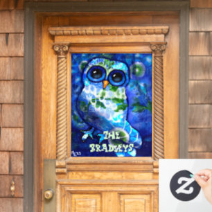 Whimsical Abstract Owl Blue Green Personalised Window Cling