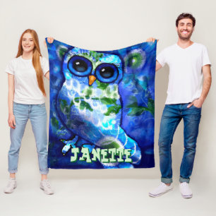 Whimsical Abstract Owl Blue Green Personalized Fleece Blanket