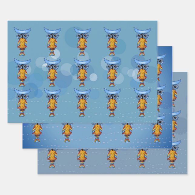 Whimsical Abstract Owls Blue Eyes Colourful Feathe Wrapping Paper Sheet (Set)