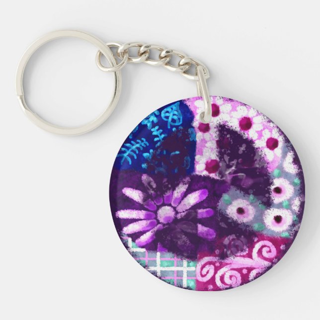 Whimsical Abstract Peace Sign Floral Purple Pink Key Ring (Front)