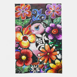 Whimsical Abstract Puffin Bird In Flowers Tea Towel