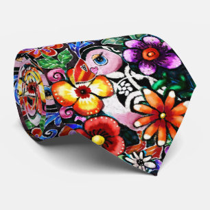 Whimsical Abstract Puffin Bird In Flowers Tie