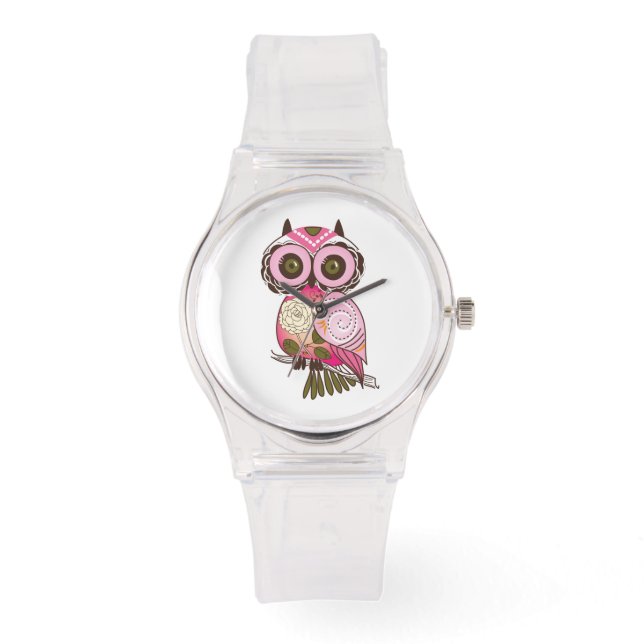 Whimsical Abstract Retro Pattern  Pink Owl Watch (Front)