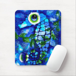 Whimsical Abstract Seahorse Blue Teal Green Floral Mouse Mat