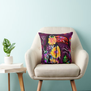 Whimsical Abstract Toucan Bird Floral Colourful Cushion